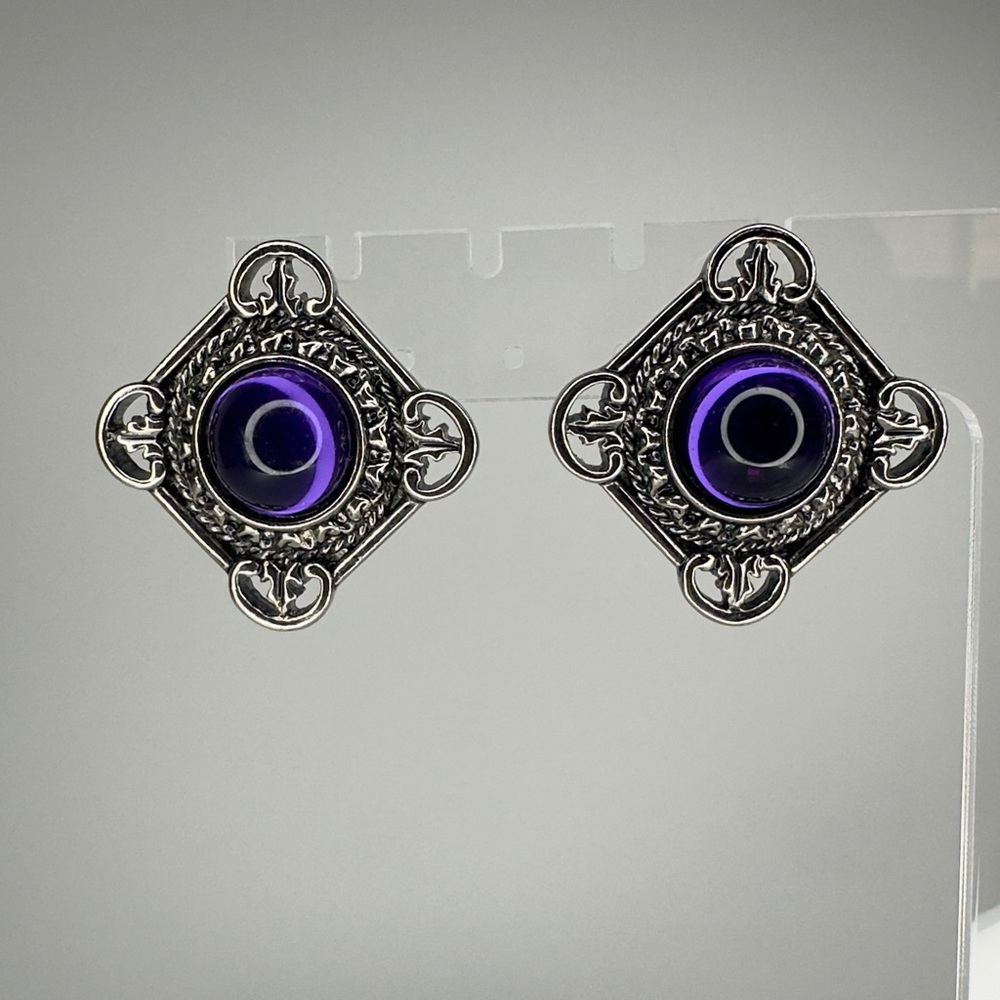 Vintage Purple Glass Cabochons Stud Earrings